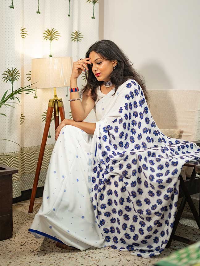 Azure Bloom Crepe Saree