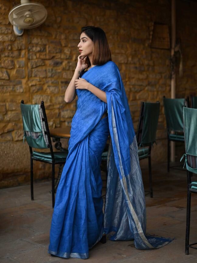 Blue Zari Strip Pure Linen Saree
