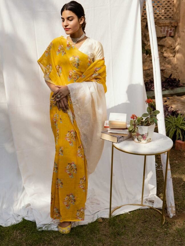 Golden Meadow Yellow Pure Linen Saree