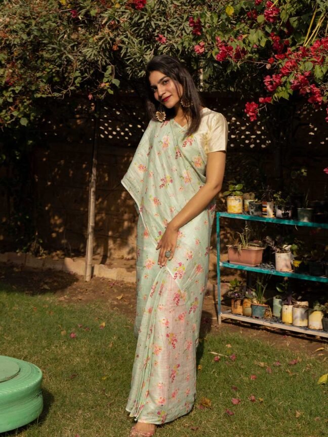 Gulabi Aanchal Mint Pure Linen Saree