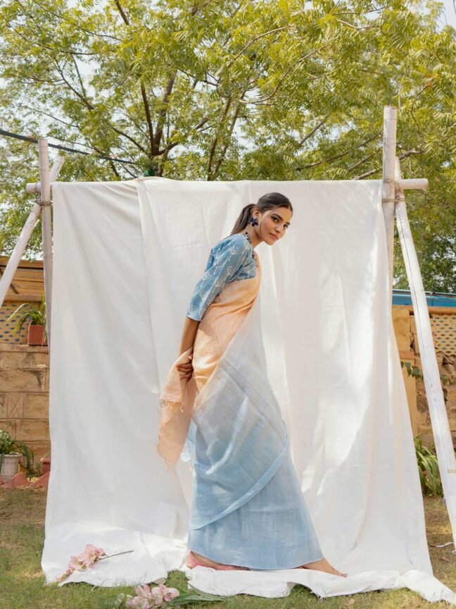 Ombre Peach & Sky Blue Pure Linen Saree