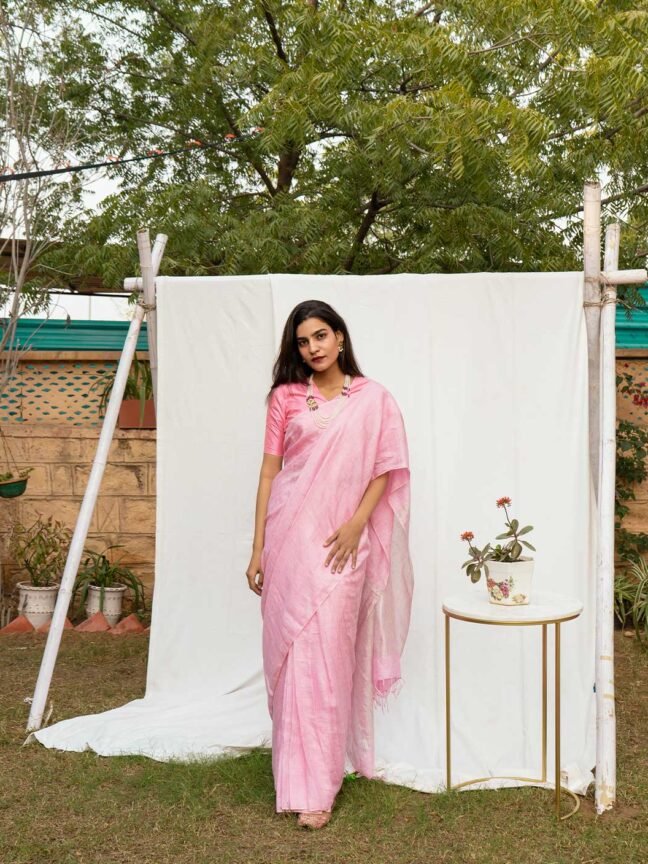 Pink Ombre Zari Pure Linen Saree