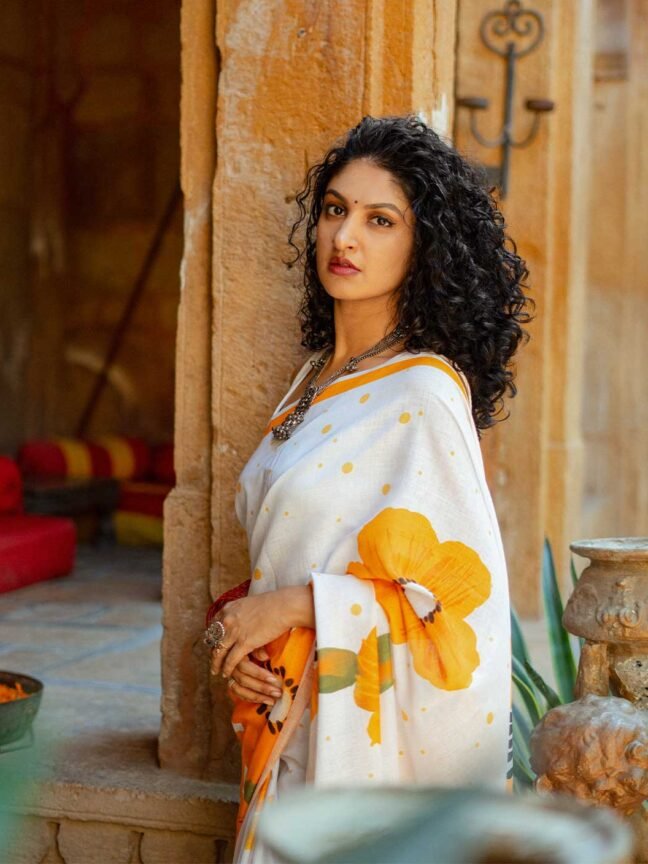 Sunlit Yellow Bloom Pure Linen Saree