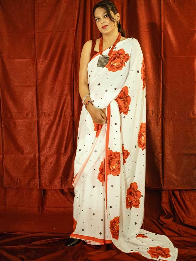 White & Rust Rose Crepe Saree